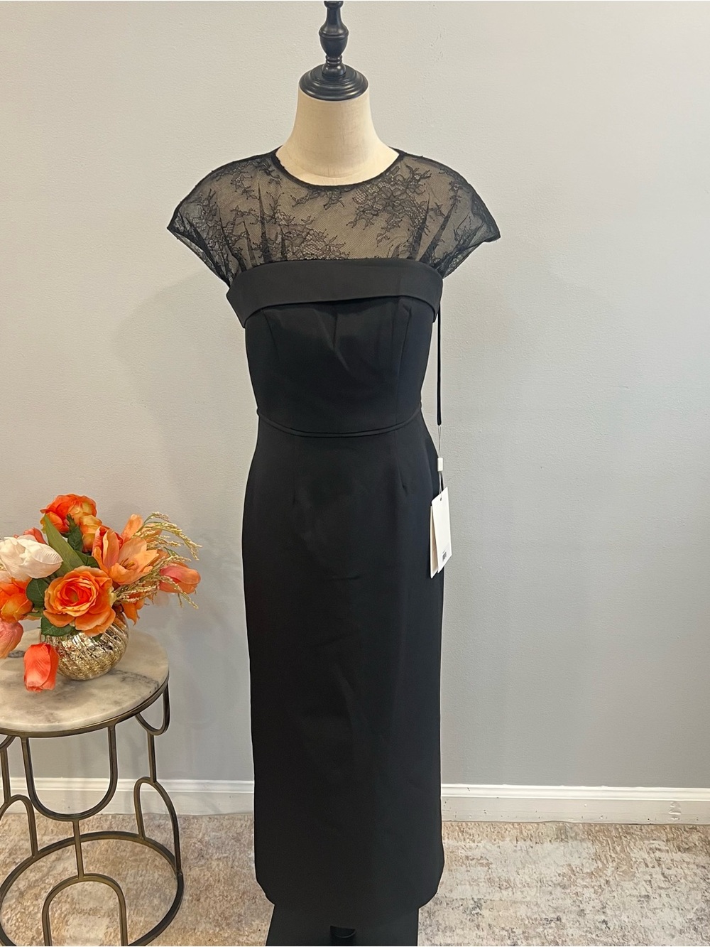 Mac Duggal Black Sheer Lace Illusion Crepe Cap Sleeve Midi Cocktail Dress - Picture 5 of 17